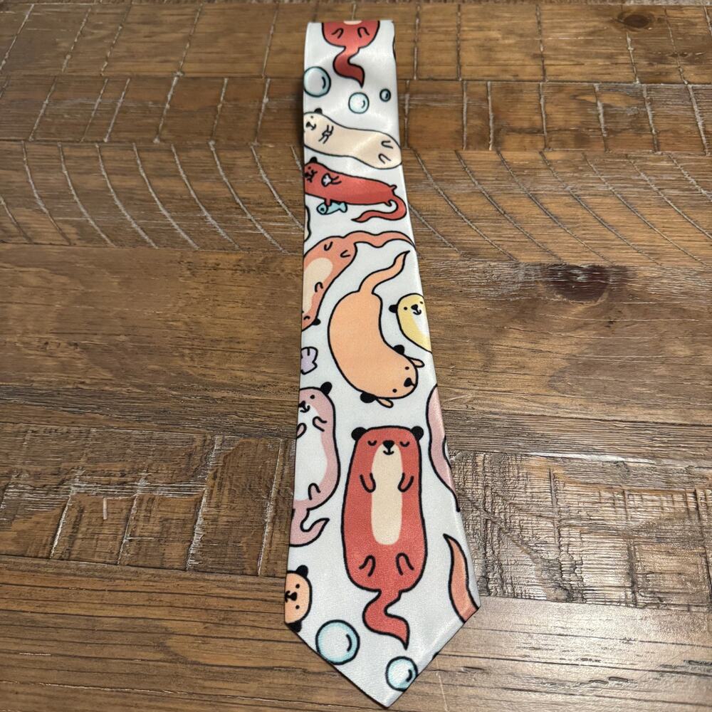 Cute Kawaii Sea Otter Novelty Necktie Hand Made Animal Cartoon Pattern White 54"